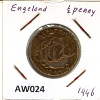 HALF PENNY 1946 UK GBAN BRETAÑA GREAT BRITAIN Moneda #AW024.E.A - C. 1/2 Penny