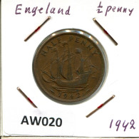 HALF PENNY 1942 UK GROßBRITANNIEN GREAT BRITAIN Münze #AW020.D.A - C. 1/2 Penny