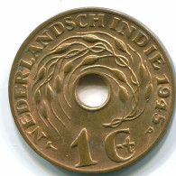 1 CENT 1945 P INDES ORIENTALES NÉERLANDAISES INDONÉSIE INDONESIA Bronze Colonial Pièce #S10430.F.A - Niederländisch-Indien