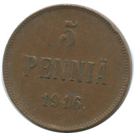 5 PENNIA 1916 FINLAND Coin RUSSIA EMPIRE #AB144.5.U.A - Finlandia