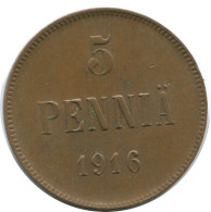 5 PENNIA 1916 FINLAND Coin RUSSIA EMPIRE #AB153.5.U.A - Finlande