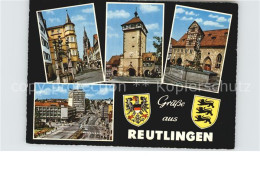 72582612 Reutlingen BW Teilansichten Altstadt Turm Brunnen Hochhaus Wappen  - Reutlingen