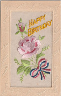 Carte Brodée " Happy Birthday " à La Rose. - Embroidered