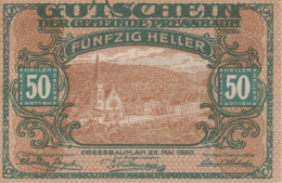 50 HELLER 1920 Stadt PRESSBAUM Niedrigeren Österreich Notgeld Banknote #PI319 - [11] Local Banknote Issues