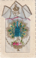 Carte Brodée " Au Paon Bleu Et Or " + Mouchoir Brodé Or. (TTB) - Embroidered