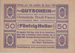 50 HELLER 1920 Stadt STADL-PAURA Oberösterreich Österreich Notgeld Papiergeld Banknote #PG771 - [11] Emissions Locales