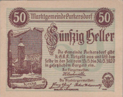 50 HELLER 1920 Stadt PURKERSDORF Niedrigeren Österreich Notgeld Papiergeld Banknote #PG978 - [11] Local Banknote Issues
