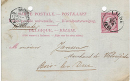 (Lot 02) Entier Postal  N° 46 écrit De Liège Vers Bois-le-Duc  (trous) - Cartes Postales 1871-1909
