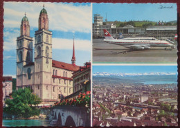 Zürich - Mehrbildkarte (Grossmünster, Flughafen Mit Swissair-Maschine, Flugaufnahme) - Zürich