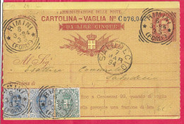 INTERO CARTOLINA-VAGLIA UMBERTO C.10 DA LIRE 5 (+5C.+2X25C)  (CAT. INT. 6C) -ANNULLO TONDO RIQUADRATO "RIMINI*6.3.94* - Stamped Stationery