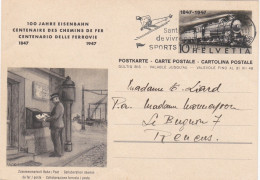 SUISSE Le 21 Février 1948 Carte Postale Des 100 Ans Du Chemins De Fer 1847 -1947 - Storia Postale