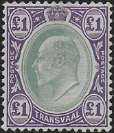 1903 Transvaal Edward VII 1£ Green And Violet MLH SG N. 258 - Autres & Non Classés