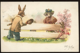 CAT & Rabbit  Vintage Litho Postcard 1899 - Katzen