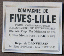 Publicité : Compagnie De Fives-Lille, Pour Constructions Mécaniques Et Entreprises, Paris Et Marseille, 1951 - Publicités