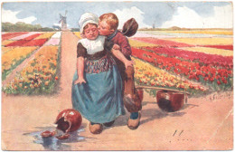Illustrateur : Feiertag - K. : Couple D'enfants - Champs De Tulipes - Hollande : B. K. W. I. - 402 -4 - Feiertag, Karl