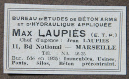 Publicité : Bureau Etudes Béton Armé Et D'Hydraulique Max Laupiès à Marseille, 1951 - Publicités