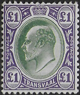 1908 Transvaal Edward VII 1£ Green And Violet MNH SG N. 272a - Andere & Zonder Classificatie