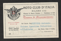 Tessera Del Moto Club Italia Di Milano Rilasciata Nel 1925. Intestata. - Tarjetas De Membresía
