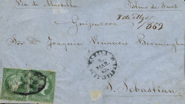 FILIPINAS. Ø 6a(2) En Frontal Circulado De Manila A San Sebastián, El 8/3/186. Manuscrito Istmo De Suez, Vía Marsella.  - Philippines