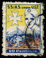 GIRONA. S.S. I A.S. UGT. Ajut Als Caiguts. 10 Cts. Color Castaño, Azul Y Amarillo. Allepuz Nº 7.  - Spanish Civil War Labels
