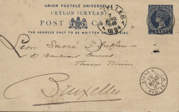 CEYLAN. 1894. E.P. De 5 Cts. Azul. Circulado A Bruselas. Matasellos Marítimo Francés  - Ceylon (...-1947)