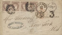 Ø 109 (tira De 4) En Carta De Cádiz A Nueva York, El Año 1870. Doble Porte. Tasada A La Llegada. Rara. - Cartas & Documentos