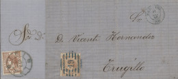Ø 96 En Dos Cartas Circuladas De Badajoz Con Mat. R.C. 19 Y Parrilla 19, Ambas En Azul. Años 1867 Y 1868. - Briefe U. Dokumente