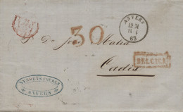 1863 (14 ABR). Carta De Anveres (Bélgica) A Cádiz. Preciosa. - Covers & Documents