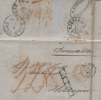 Carta De Bilbao A Dinamarca, El 18/10/1863. Multitud De Marcas Y Porteos. Preciosa. - Storia Postale