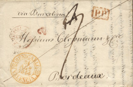 D.P. 19. 1844. Carta De Benicarló A Burdeos (Francia), Vía Barcelona. Nítido Fechador Amarillo "BENICARLÓ /VALENCIA / - ...-1850 Prephilately
