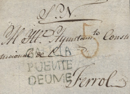 D.P. 16. 1823cc. Frontal Circulado De Puentedeume A Ferrol. Marca Nº 3A. Muy Rara. - ...-1850 Préphilatélie