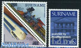 Suriname, Republic 1988 Overprints 3v, Mint NH, Transport - Various - Railways - Banking And Insurance - Trains