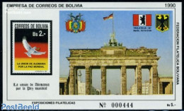 Bolivia 1990 Philatelia 90 S/s (with DDR C.o.a. On Flag), Mint NH, History - Nature - Coat Of Arms - Birds - Pigeons - Bolivië