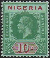 1921 Nigeria George V 10s. On Emeral, Emerald Back MNH SG N. 11d - Andere & Zonder Classificatie