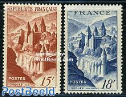 France 1947 Conques Abbey 2v, Mint NH, Religion - Cloisters & Abbeys - Art - Castles & Fortifications - Unused Stamps