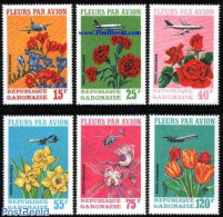 Gabon 1971 Flowers By Plane 6v, Mint NH, Nature - Transport - Flowers & Plants - Roses - Helicopters - Aircraft & Avia.. - Ungebraucht
