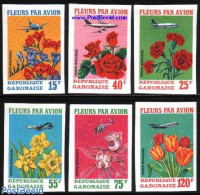Gabon 1971 Flowers By Plane 6v Imperforated, Mint NH, Nature - Transport - Flowers & Plants - Roses - Helicopters - Ai.. - Ongebruikt