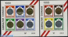 Gibraltar 1989 New Coins 2 S/s, Mint NH, Various - Money On Stamps - Münzen