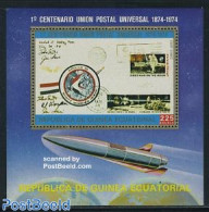 Equatorial Guinea 1974 UPU Centenary S/s, Mint NH, Transport - Stamps On Stamps - U.P.U. - Space Exploration - Postzegels Op Postzegels