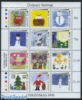 Guernsey 1991 Christmas 12v M/s, Mint NH, Nature - Religion - Cats - Christmas - Art - Children Drawings - Christmas