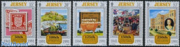 Jersey 1991 Anniversaries 5v, Mint NH, Nature - Transport - Cattle - Stamps On Stamps - Railways - Art - Books - Postzegels Op Postzegels