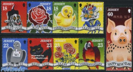 Jersey 1995 Greeting Stamps 9v (1v+2x[:::]), Mint NH, Nature - Various - Birds - Cats - Dogs - Flowers & Plants - Poul.. - Anno Nuovo