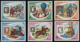 Laos 1990 Stamp World London 6v, Mint NH, Nature - Transport - Elephants - Post - Stamps On Stamps - Railways - Poste