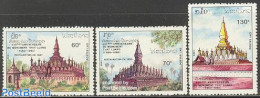 Laos 1990 That Luang 3v, Mint NH, Religion - Churches, Temples, Mosques, Synagogues - Churches & Cathedrals