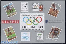 Liberia 1988 Olympic Games Seoul S/s, Mint NH, Sport - Olympic Games - Stamps On Stamps - Sellos Sobre Sellos