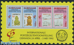 Suriname, Republic 1992 Granada Exposition S/s, Mint NH, History - Various - Archaeology - Stamps On Stamps - U.P.A.E... - Archäologie