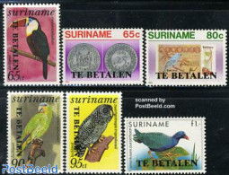 Suriname, Republic 1988 Postage Due Overprints 6v, Mint NH, Nature - Various - Birds - Parrots - Money On Stamps - Tou.. - Monnaies