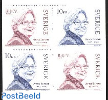 Sweden 2003 Anna Lindh 4v In Booklet, Mint NH, History - Politicians - Women - Stamp Booklets - Nuevos