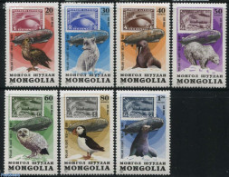 Mongolia 1981 Zeppelin Polar Flight 7v, Mint NH, Nature - Science - Transport - Birds - Owls - The Arctic & Antarctica.. - Stamps On Stamps