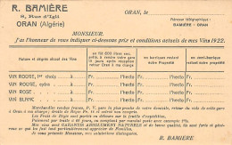 ORAN - Carte Publicitaire R. Bamière, Vins D'Algérie - Oran